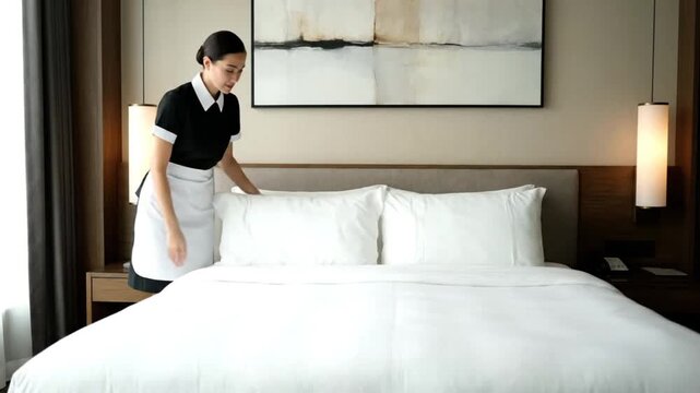 A professional housekeeper is meticulously making a pristine bed in a modern, elegant hotel room.