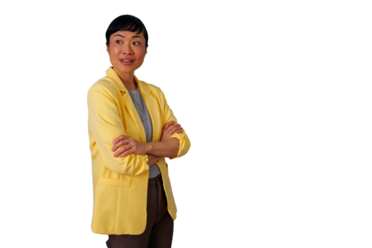 Asian businesswoman looking away with arms crossed, portraying confidence, professionalism, and leadership on transparent background - Powered by Adobe