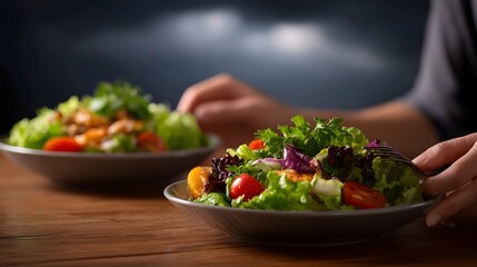 Two vibrant healthy salads bursting with fresh greens cherry tomatoes and colorful ingredients are displayed on a rustic wooden table