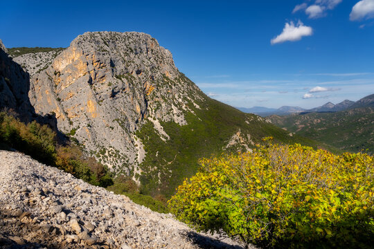 Sardinia Punta Cocuttos peak, a typical landscape of the Supramonte massif, providing a dramatic backdrop to the deepest canyon in Italy: the Gorropu Canyon