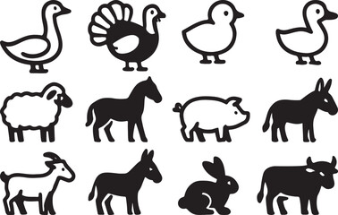 Farm Animals Black and line Icon Set – Goose, Turkey, Chick, Duck, Sheep, Horse, Pig, Donkey, Ox.