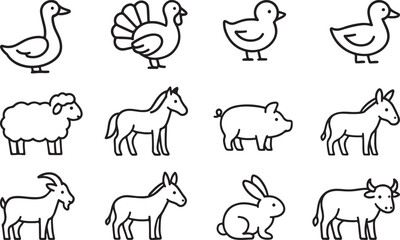 Farm Animals Black and line Icon Set – Goose, Turkey, Chick, Duck, Sheep, Horse, Pig, Donkey, Ox.