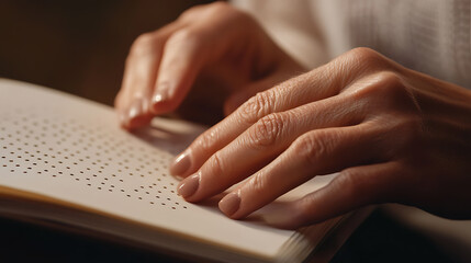 Fingers delicately trace the embossed dots of a Braille book, unveiling a world of knowledge and stories through touch. Reading with Braille, feeling the world.