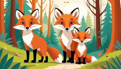 Charming family of three adorable foxes exploring a vibrant forest with lush greenery and tall trees, evoking wonder and nature's beauty