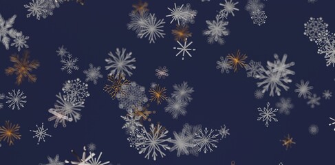 An elegant, abstract pattern of snowflakes in shades of white and gold on a dark blue backdrop. Perfect for holiday designs, winter t