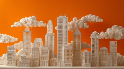Whimsical white city skyline on orange