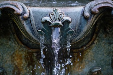 Close up of ornate antique stone fountain spout with water flowing down its textured surface