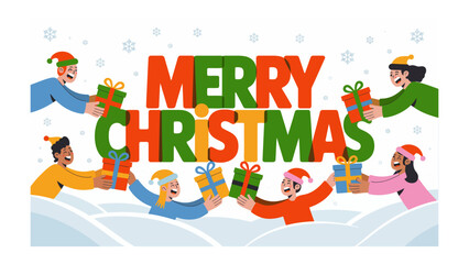 Holiday Cheer: Merry Christmas, A vibrant holiday scene depicts joyful exchange of gifts, symbolizing generosity and festive spirit. The vivid colors and playful design evoke a sense of cheer.