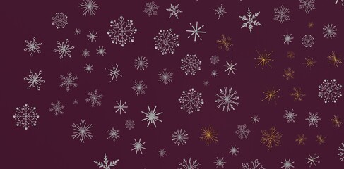 Stylish winter background featuring shimmering snowflakes in silver and gold on a dark burgundy backdrop, perfect for festive designs