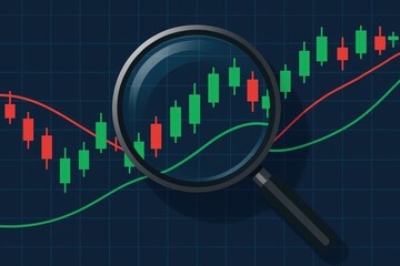 Financial charts under magnifying glass, stock market analysis, trading data trends