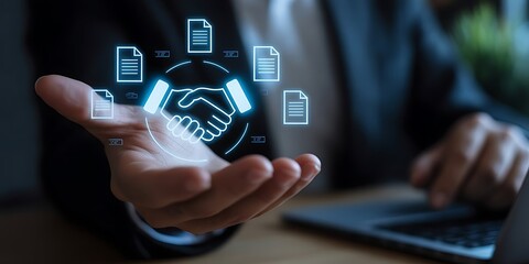 Businessman manage digital procurement process with business contract, invoice, approval documents, representing B2B sourcing, vendor management, supply chain, e-procurement.  supply chain..