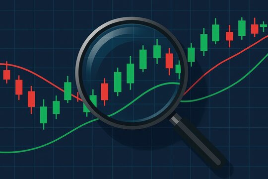 Financial charts under magnifying glass, stock market analysis, trading data trends