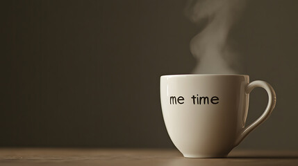 Warm beverage in a mug that reads "me time", steam rising in a dimly lit room. A mindful moment captured with depth and clarity, promoting relaxation and peace.