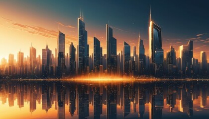 Stunning modern cityscape bathed in golden sunset light, reflected beautifully on calm water, evoking ambition and future growth for dynamic urban environments.