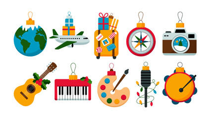 Fototapeta premium Festive Travel & Hobby Ornaments: A vibrant collection of Christmas ornaments, each representing a different aspect of travel and hobbies, from a globe to a musical instrument.