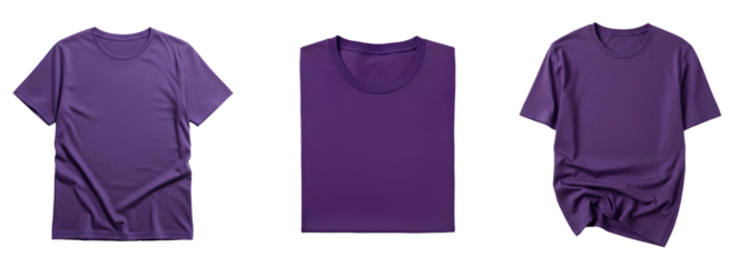 Purple T-Shirt Mockup set PNG. Various blank cotton tees folded, flat and casual for diverse apparel branding. Realistic garment template PNG. Purple tshirt top view flat lay isolated