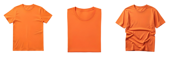 Orange T-Shirt Mockup set PNG. Various blank cotton tees folded, flat and casual for diverse apparel branding. Realistic garment template PNG. Orange tshirt top view flat lay isolated