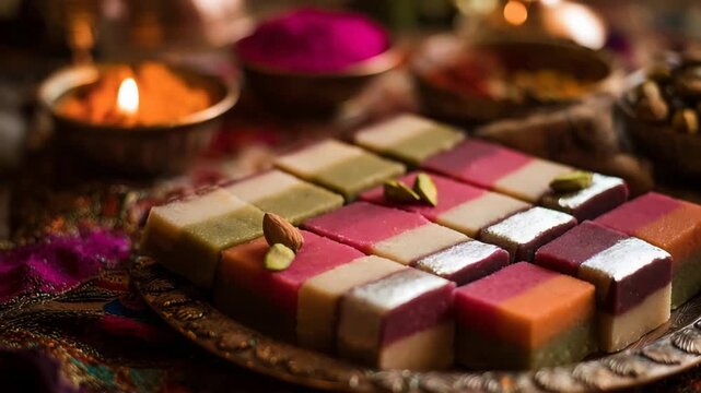 Colorful Indian Desserts Served on a Festive Tray with Candlelight.