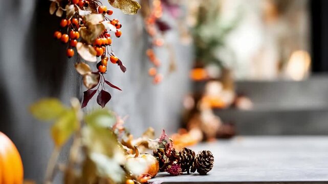 Festive Autumn Harvest Decorations with Pumpkins and Berries on Steps.