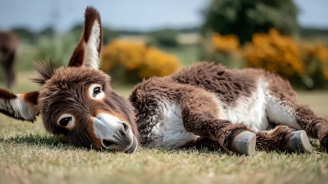 Adorable fluffy baby donkey relaxing in sunny green meadow.