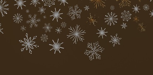 Abstract snowflakes in silver and gold falling on a brown backdrop. Ideal for winter, Christmas, holiday, or festive themed designs.