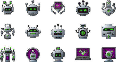 A different set of robot heads and full-body robot icons, emphasizing machine learning and technology. Ideal for corporate or educational materials on robotics.