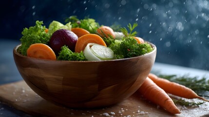 A vibrant fresh salad with carrots beetroot and lettuce served in a rustic wooden bowl