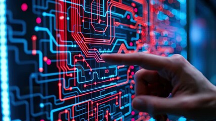 Futuristic circuit board digital interface neon pattern cybersecurity data network blue and red technology background human hand electronics - Powered by Adobe