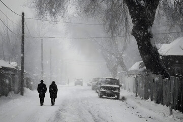 Couple walking during heavy snowstorm on the alley under tree