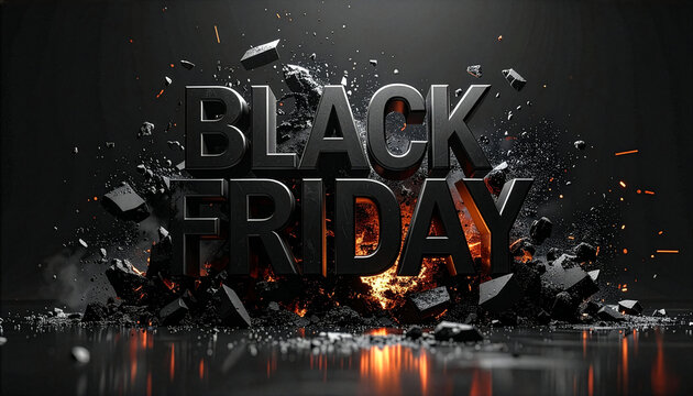 Black Friday lettering with an explosive effect. 3D metallic text shattering with debris, sparks, and glowing embers on a dark background. Concept for major sales, promotions, and discounts.