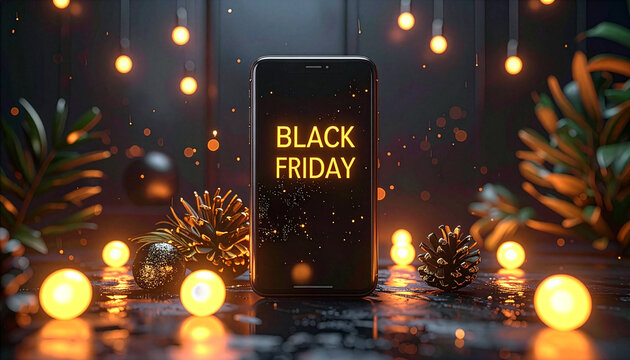 Black Friday sale promotion with lettering on a smartphone screen. The phone is placed in a festive setting with warm glowing lights, bokeh, pinecones, and Christmas decorations on a dark background.