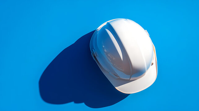 White protective helmet on a vibrant blue surface with stark shadows creates a striking visual contrast. Safety gear essential for many professions. Symbolizes security and focus.