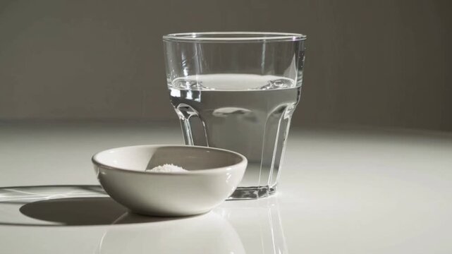 Glass of water next to bowl of salt on white table  