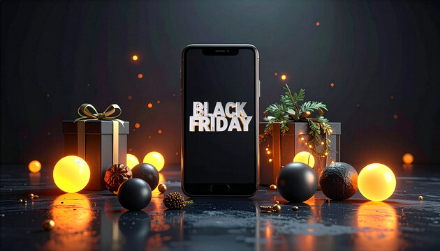 Smartphone displaying Black Friday lettering for online shopping promotion. Elegant dark scene with gift boxes, glowing lights, and festive decorations on a reflective surface. E-commerce concept.