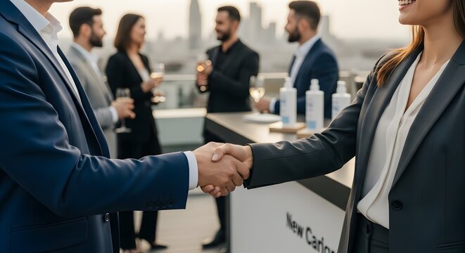 Business handshake at rooftop event with colleagues socializing in the background at dusk or dawn