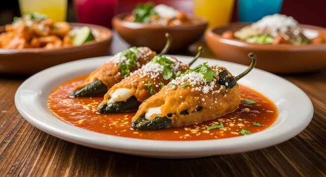 Close up of chile rellenos on a white plate with red sauce and other dishes in the background