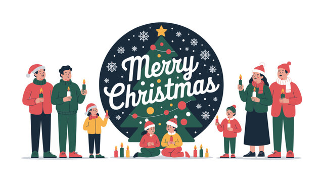 Merry Christmas Gathering: A harmonious gathering of individuals, sharing the spirit of Christmas. with Christmas tree in the center and merry Christmas message in the center.