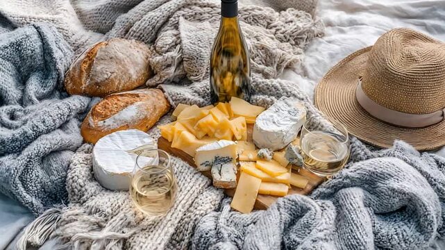 Romantic picnic spread with wine, cheese assortment, and crusty bread.