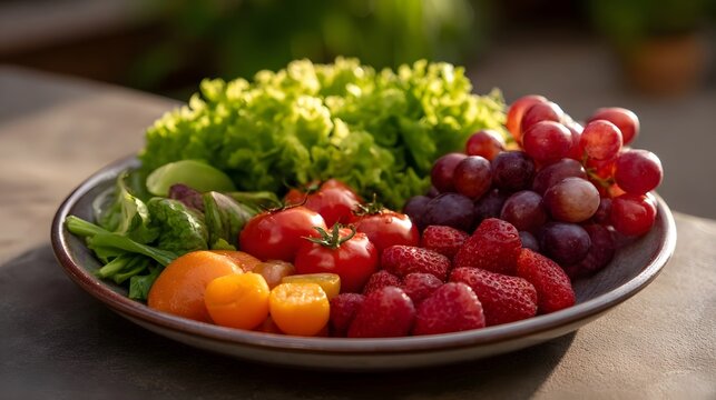 A vibrant plate of fresh strawberries grapes cherry tomatoes and leafy greens illuminated by sunlight - Powered by Adobe
