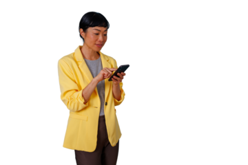 Woman in yellow jacket using smartphone for communication, scrolling and browsing technology, transparent background