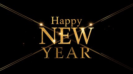 Elegant golden happy new year text with sparkling light effects and bokeh on a dark background for festive celebration and greeting cards