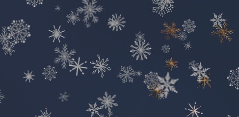 Abstract snowflake background with white and gold snowflakes on a deep blue backdrop for winter and holiday design projects