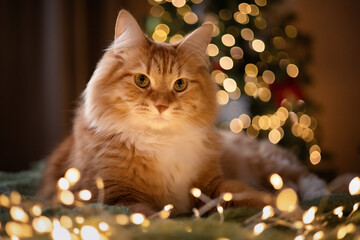 Photo of a red cat near the Christmas tree. © Елена Косинова