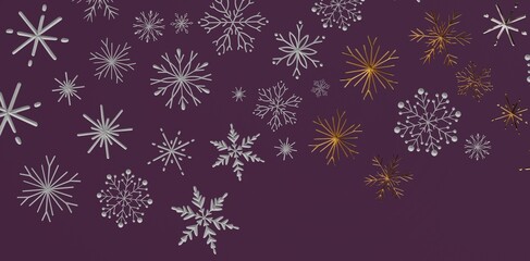 Elegant snowflakes in different colors and sizes on a deep purple backdrop perfect for holiday design and winter themes.
