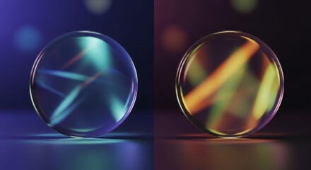 Captivating glass spheres reflecting vibrant abstract light patterns in a modern, minimalist studio setting, perfect for technology and creative concepts.