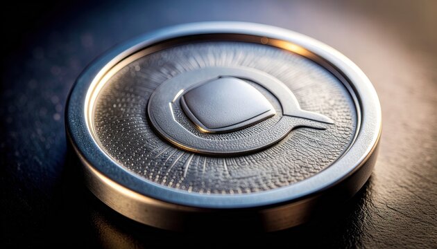 Close Up Macro Shot Of A Shiny Metallic Coin With A Stylized Symbol Centered On A Dark Textured Surface With Soft Dramatic Lighting