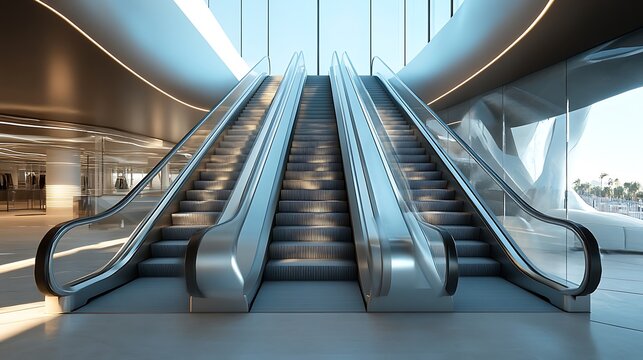 Modern architectural design featuring two parallel escalators ascending within a bright contemporary building interior with sleek metallic finishes - Powered by Adobe