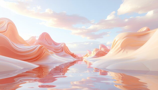 Surreal dreamscape landscape with flowing pink and white hills reflecting in calm water under a soft sky with pastel clouds and gentle sunlight