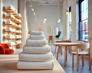White towels are neatly stacked in a retail store setting.