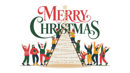 Christmas Wishes: A group of individuals is gathered around a tall tree to express their happiness and joy of celebration with a Merry Christmas typography on a bright day.
